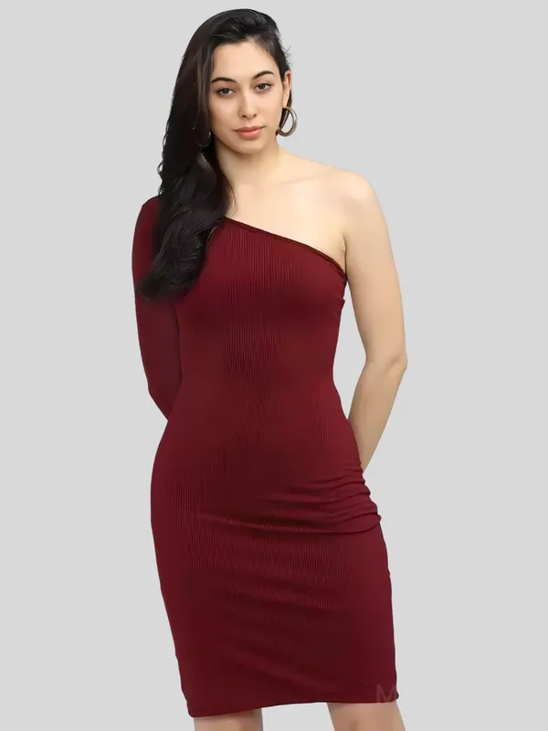 Maroon_Polyester_Blend_One_Shoulder_Solid_Bodycon_Dress