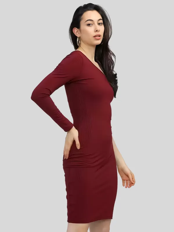 Maroon_Polyester_Blend_One_Shoulder_Solid_Bodycon_Dress