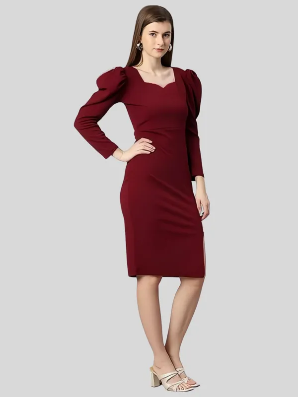 Maroon_Polyester_Party_Wear_Sweet-Heart_Neck_With_Puff_Sleeve_Bodycon_Dress_For_Women