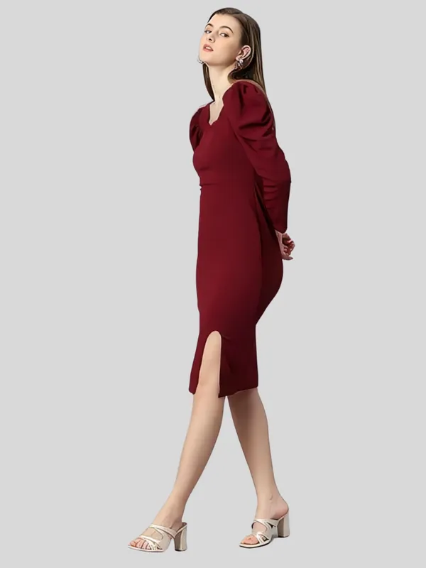 Maroon_Polyester_Party_Wear_Sweet-Heart_Neck_With_Puff_Sleeve_Bodycon_Dress_For_Women