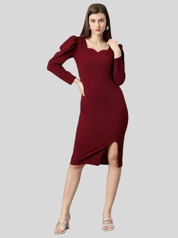 Maroon_Polyester_Party_Wear_Sweet-Heart_Neck_With_Puff_Sleeve_Bodycon_Dress_For_Women