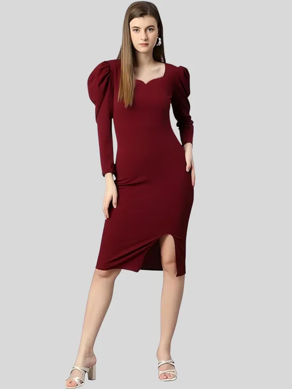 Maroon_Polyester_Party_Wear_Sweet-Heart_Neck_With_Puff_Sleeve_Bodycon_Dress_For_Women
