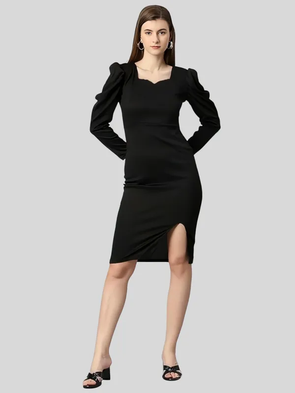Black_Polyester_Party_Wear_Sweet-Heart_Neck_With_Puff_Sleeve_Bodycon_Dress_For_Women