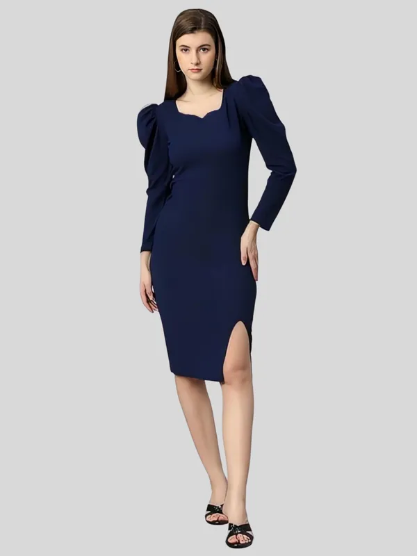 Blue_Polyester_Party_Wear_Sweet-Heart_Neck_With_Puff_Sleeve_Bodycon_Dress_For_Women