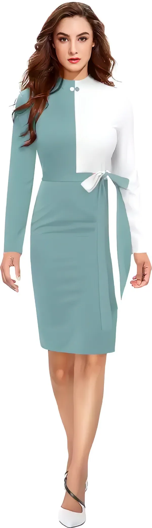 Light_Green_&_White_Polyester_Classic_Neck_Bodycon_Dress_With_Comfortable_Belt