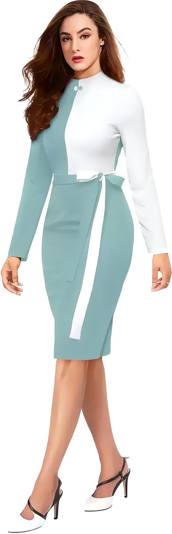 Light_Green_&_White_Polyester_Classic_Neck_Bodycon_Dress_With_Comfortable_Belt
