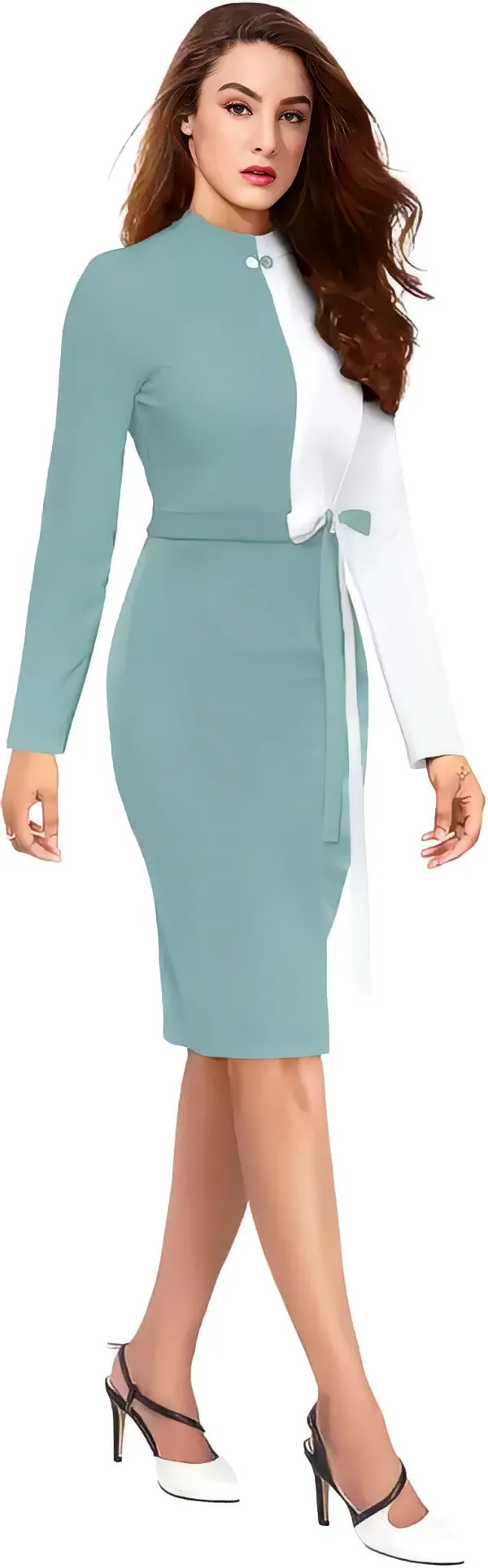 Light_Green_&_White_Polyester_Classic_Neck_Bodycon_Dress_With_Comfortable_Belt