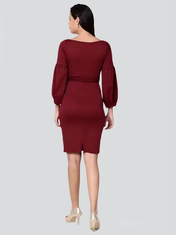 Maroon_Polyester_Party_Wear_V-Neck_With_Bishoop_Sleeve_Bodycon_Dress_For_Women