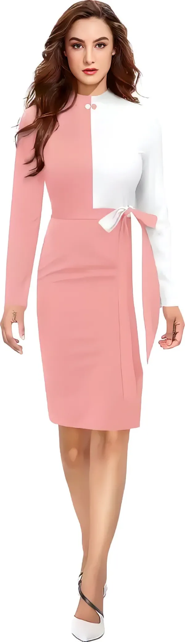 Pink_&_White_Polyester_Classic_Neck_Bodycon_Dress_With_Comfortable_Belt