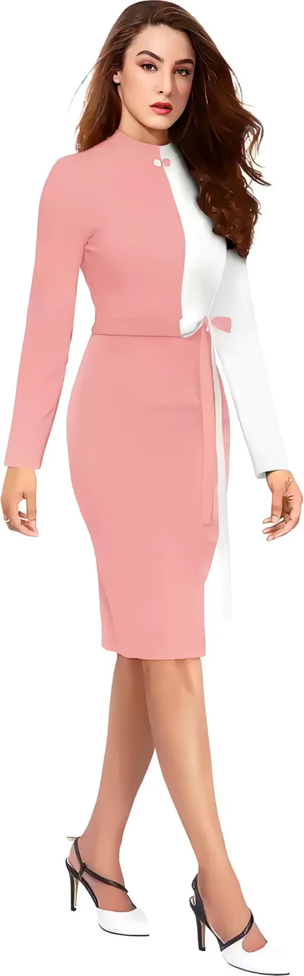 Pink_&_White_Polyester_Classic_Neck_Bodycon_Dress_With_Comfortable_Belt