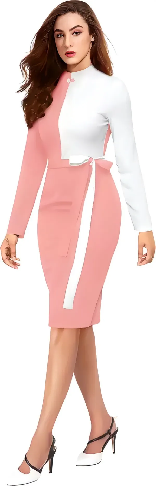 Pink_&_White_Polyester_Classic_Neck_Bodycon_Dress_With_Comfortable_Belt
