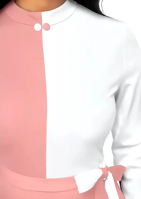 Pink_&_White_Polyester_Classic_Neck_Bodycon_Dress_With_Comfortable_Belt