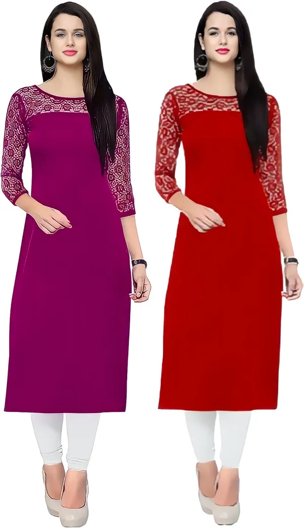 Women_Purple_&_Red_Premium_Crepe_Solid_Straight_A-Line_Combo_Kurtis