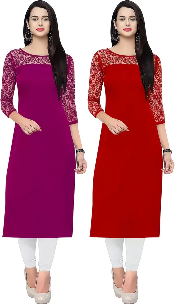 Women_Purple_&_Red_Premium_Crepe_Solid_Straight_A-Line_Combo_Kurtis