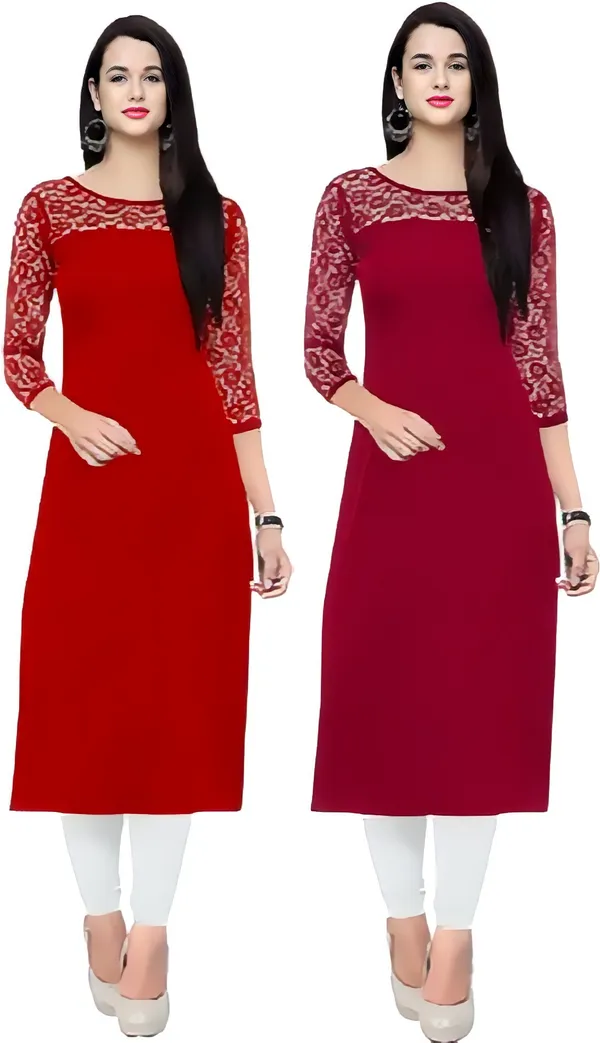 Women_Red_&_Maroon_Premium_Crepe_Solid_Straight_A-Line_Combo_Kurtis
