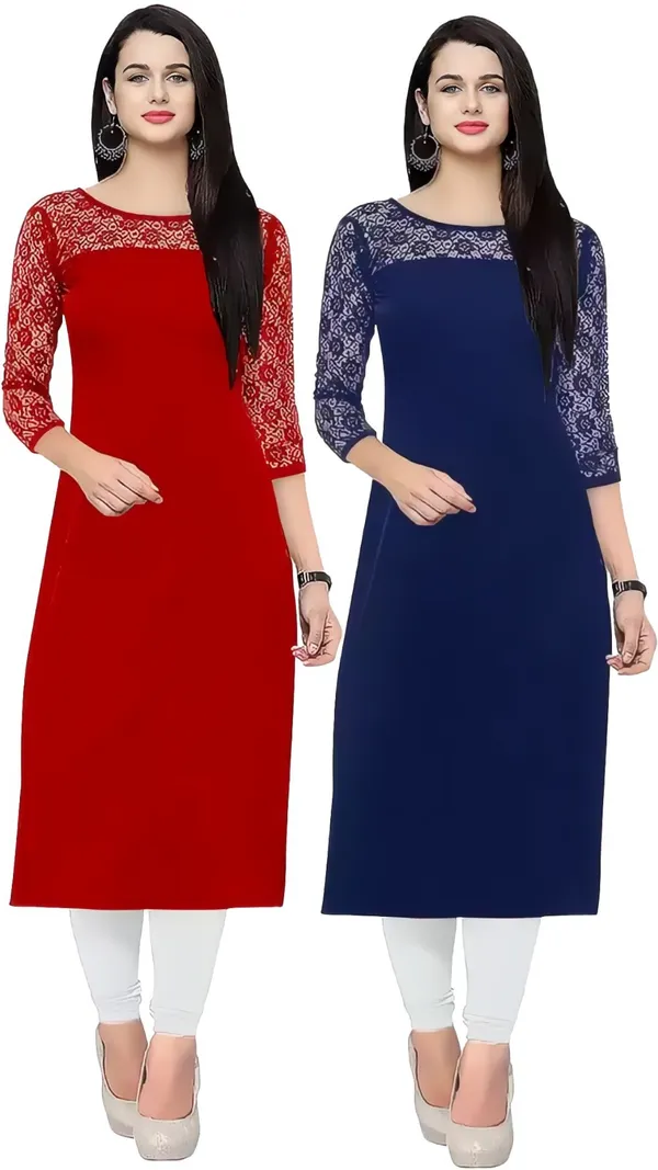 Women_Red_&_Blue_Premium_Crepe_Solid_Straight_A-Line_Combo_Kurtis