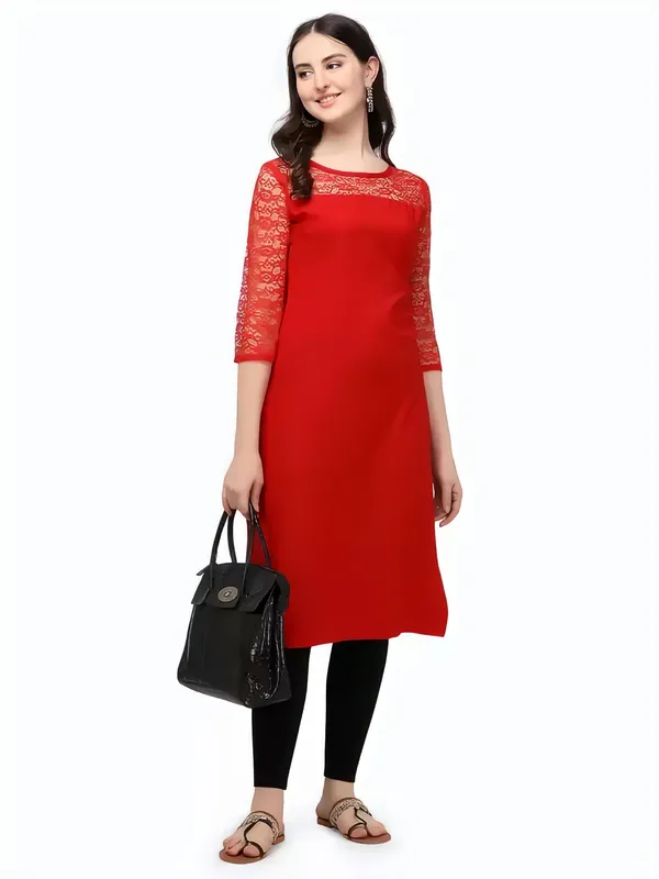 Women_Red_Premium_Crepe_Solid_Straight_A-Line_Kurtis