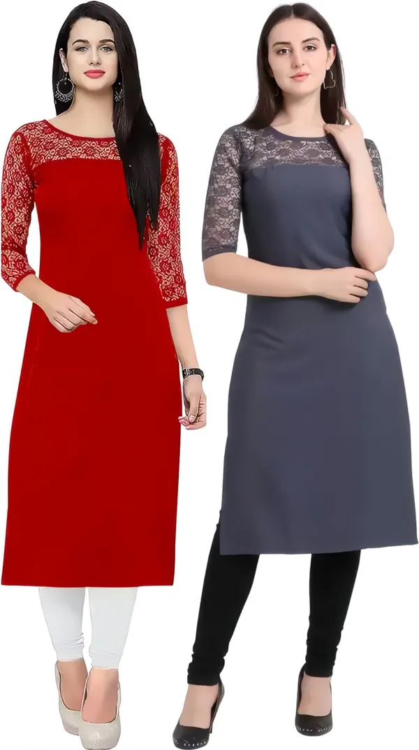 Women_Red_&_Grey_Premium_Crepe_Solid_Straight_A-Line_Combo_Kurtis