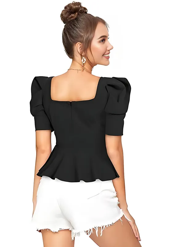 Black_Polyester_Party_Wear_Solid_Puff_Sleeve_Western_Tops