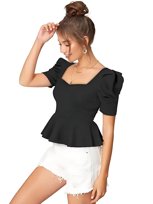 Black_Polyester_Party_Wear_Solid_Puff_Sleeve_Western_Tops
