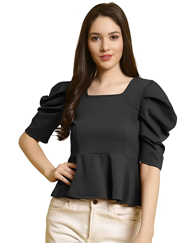 Women_Black_Polyester_Party_Wear_Solid_Puff_Sleeve_Western_Tops