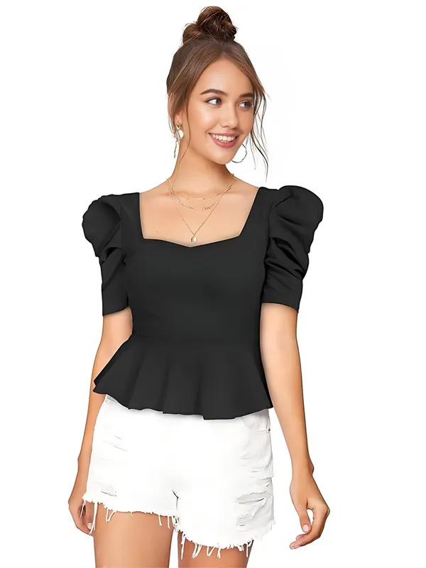 Black_Polyester_Party_Wear_Solid_Puff_Sleeve_Western_Tops