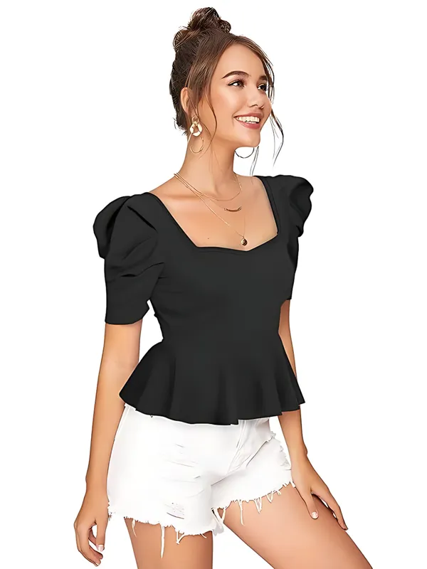 Black_Polyester_Party_Wear_Solid_Puff_Sleeve_Western_Tops