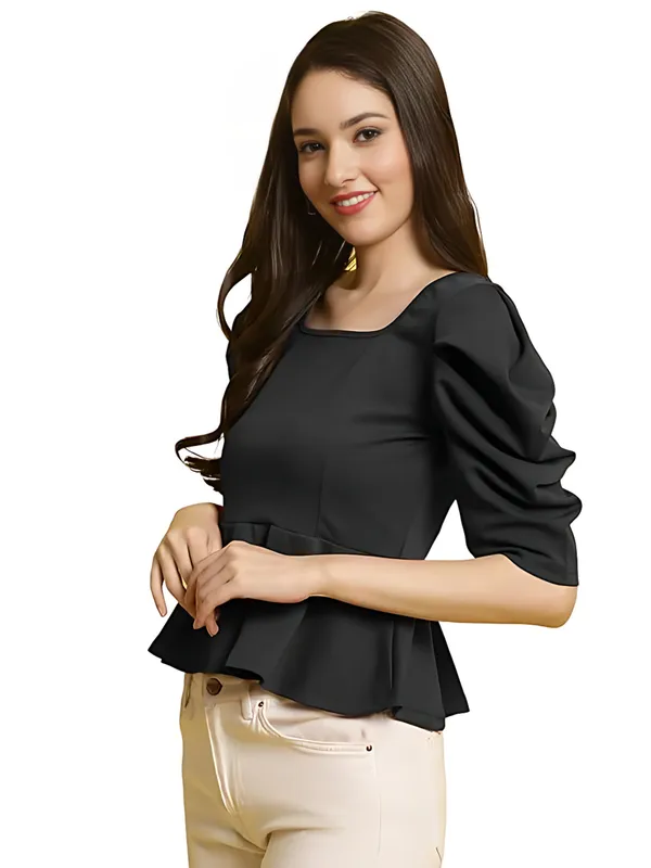Women_Black_Polyester_Party_Wear_Solid_Puff_Sleeve_Western_Tops