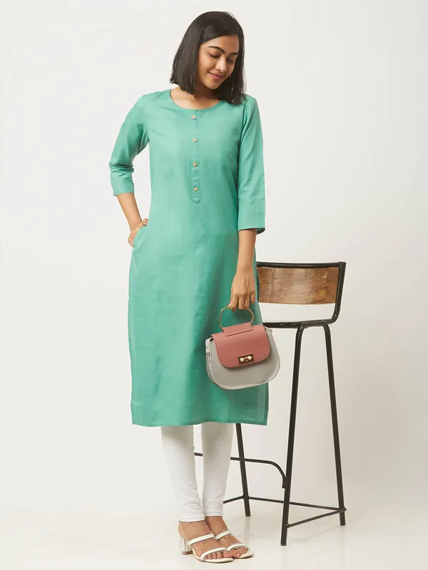 Blue_&_Light_Green_Premium_Cotton_Blend_Solid_Straight_Combo_Kurtis_With_Pocket