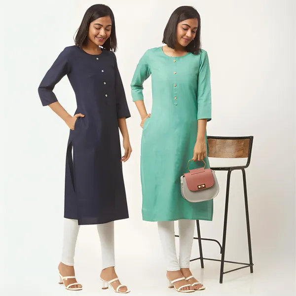 Blue_&_Light_Green_Premium_Cotton_Blend_Solid_Straight_Combo_Kurtis_With_Pocket