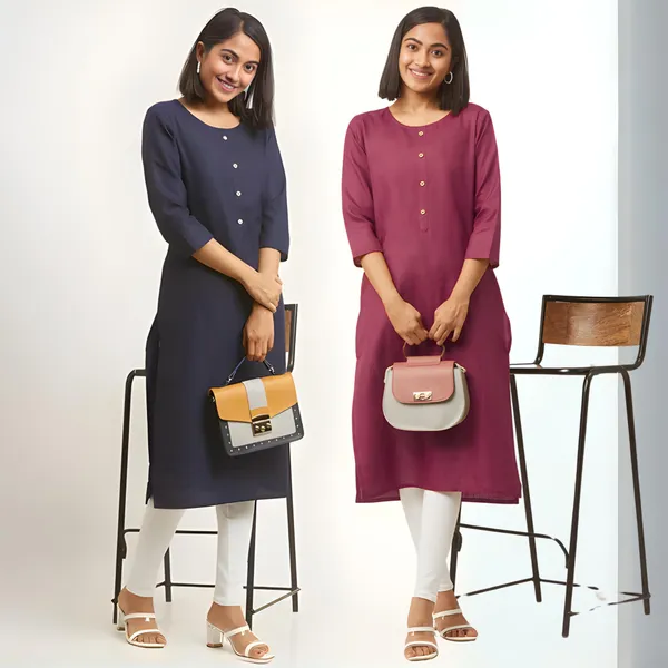 Blue_&_Maroon_Premium_Cotton_Blend_Solid_Straight_Combo_Kurtis_With_Pocket