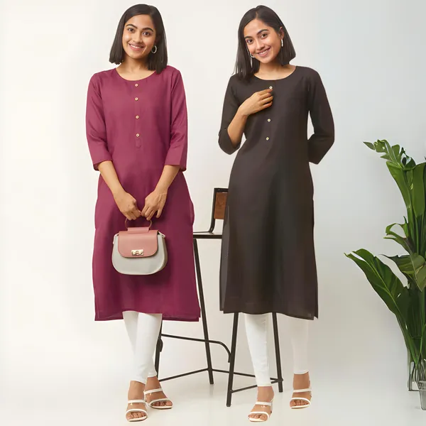 Maroon_&_Black_Premium_Cotton_Blend_Solid_Straight_Combo_Kurtis_With_Pocket