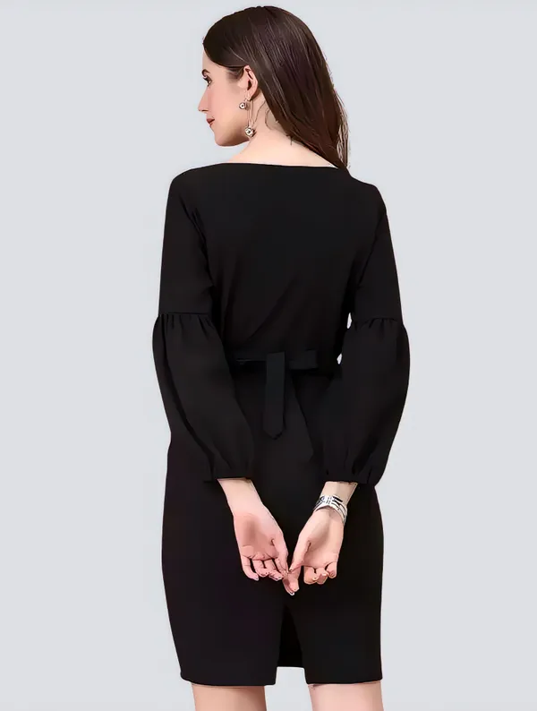 Black_Polyester_Party_Wear_V-Neck_With_Bishoop_Sleeve_Bodycon_Dress_For_Women