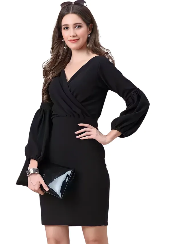 Black_Polyester_Party_Wear_V-Neck_With_Bishoop_Sleeve_Bodycon_Dress_For_Women