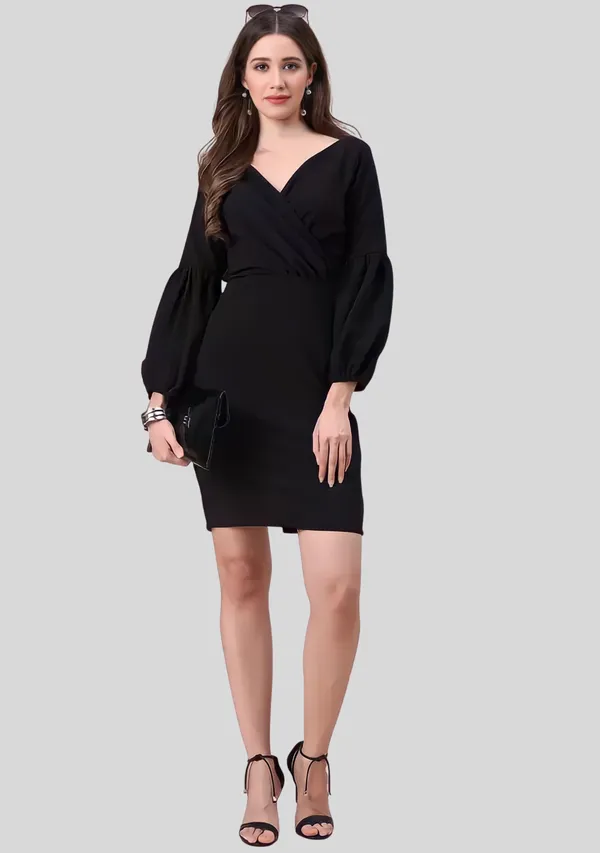 Black_Polyester_Party_Wear_V-Neck_With_Bishoop_Sleeve_Bodycon_Dress_For_Women