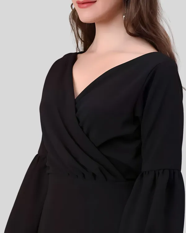 Black_Polyester_Party_Wear_V-Neck_With_Bishoop_Sleeve_Bodycon_Dress_For_Women