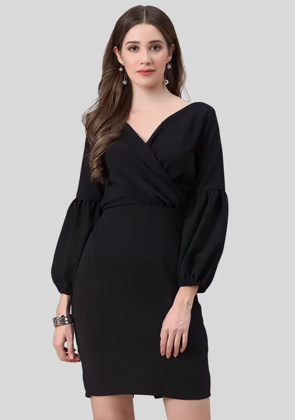 Black_Polyester_Party_Wear_V-Neck_With_Bishoop_Sleeve_Bodycon_Dress_For_Women
