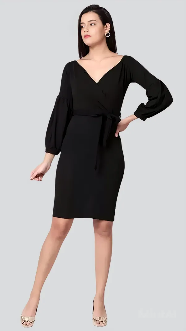 Black_Polyester_Party_Wear_V-Neck_With_Bishoop_Sleeve_Bodycon_Dress_For_Women