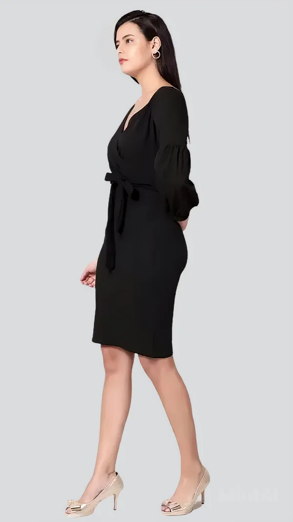 Black_Polyester_Party_Wear_V-Neck_With_Bishoop_Sleeve_Bodycon_Dress_For_Women