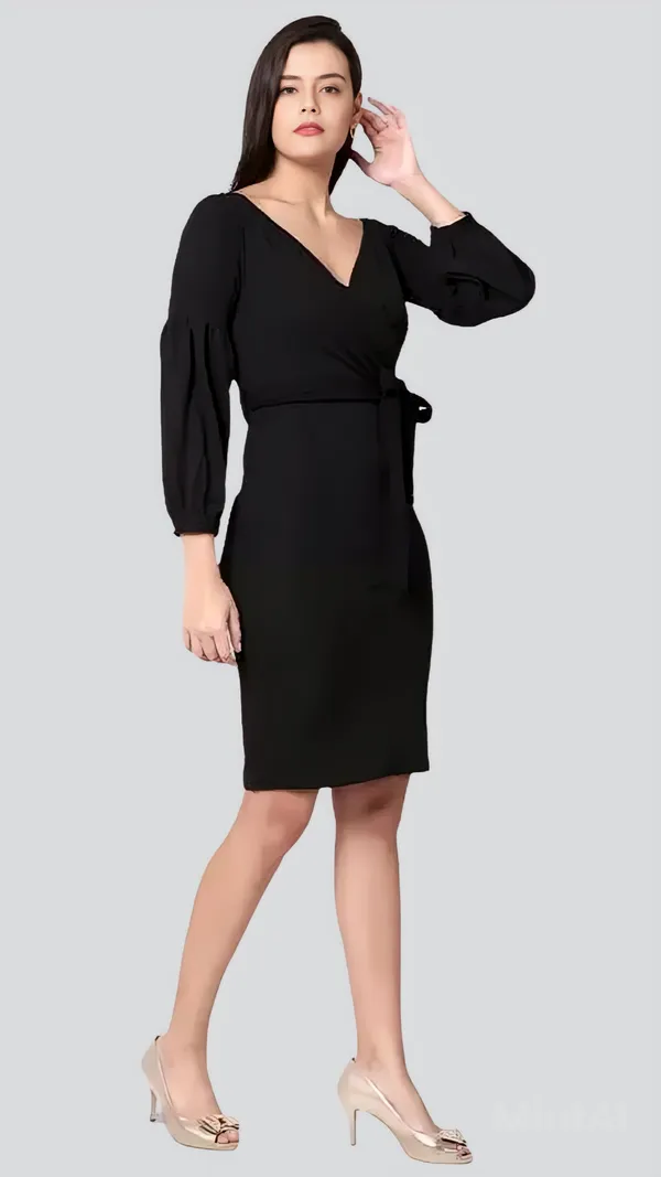 Black_Polyester_Party_Wear_V-Neck_With_Bishoop_Sleeve_Bodycon_Dress_For_Women