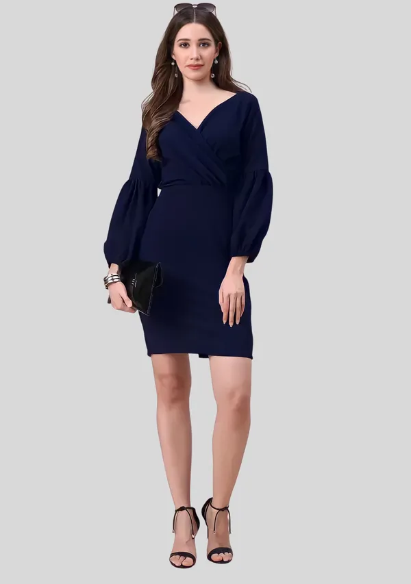 Dark_Blue_Polyester_Party_Wear_V-Neck_With_Bishoop_Sleeve_Bodycon_Dress_For_Women
