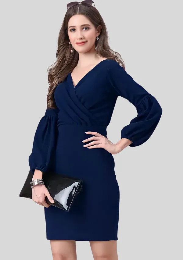 Dark_Blue_Polyester_Party_Wear_V-Neck_With_Bishoop_Sleeve_Bodycon_Dress_For_Women