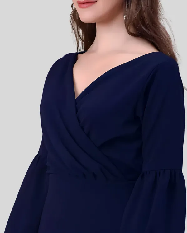 Dark_Blue_Polyester_Party_Wear_V-Neck_With_Bishoop_Sleeve_Bodycon_Dress_For_Women