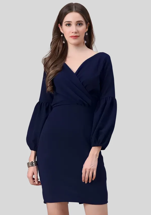 Dark_Blue_Polyester_Party_Wear_V-Neck_With_Bishoop_Sleeve_Bodycon_Dress_For_Women