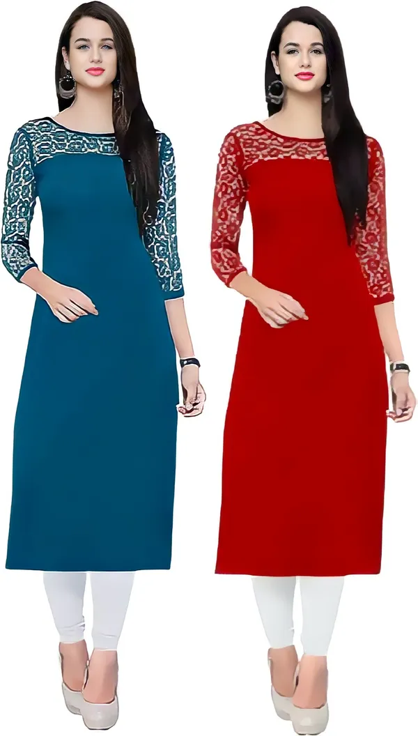 Women_Teal_&_Red_Premium_Crepe_Solid_Straight_A-Line_Combo_Kurtis