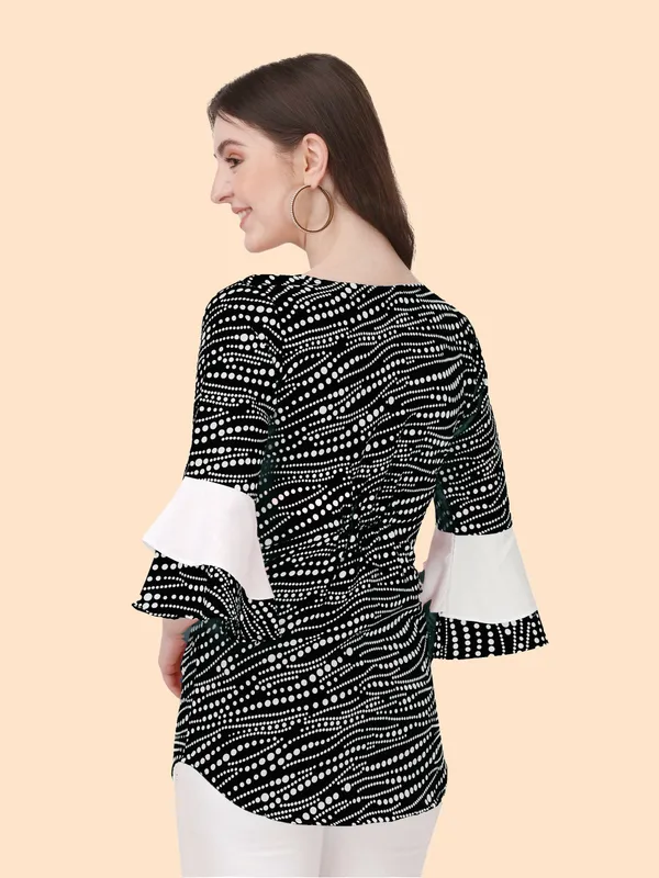 Black_Crepe_Regular_Wear_White_Dot_Classisc_Bell_Sleeve_Tunic_Tops