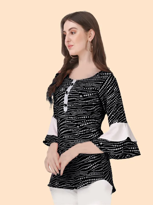 Black_Crepe_Regular_Wear_White_Dot_Classisc_Bell_Sleeve_Tunic_Tops