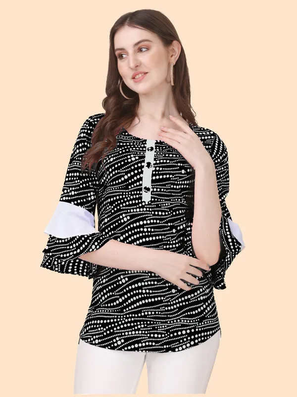 Black_Crepe_Regular_Wear_White_Dot_Classisc_Bell_Sleeve_Tunic_Tops