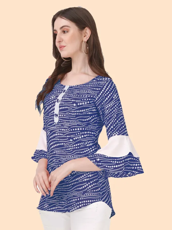 Blue_Crepe_Regular_Wear_White_Dot_Classisc_Bell_Sleeve_Tunic_Tops