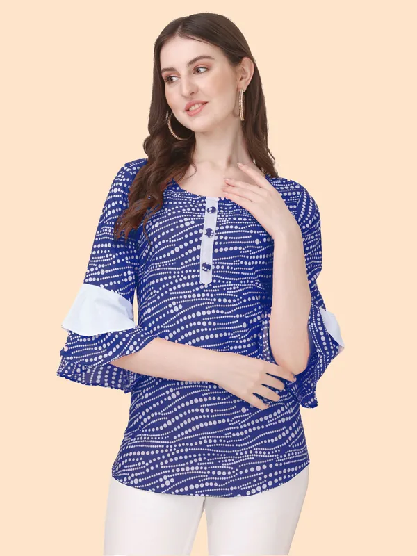 Blue_Crepe_Regular_Wear_White_Dot_Classisc_Bell_Sleeve_Tunic_Tops